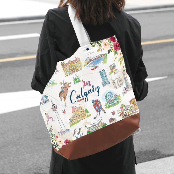 Northern Icons Canada - Wholesale Tote Bag - Women's - Calgary Alberta Canvas Tote Bag – Illustrated Canadian City Travel Carryall