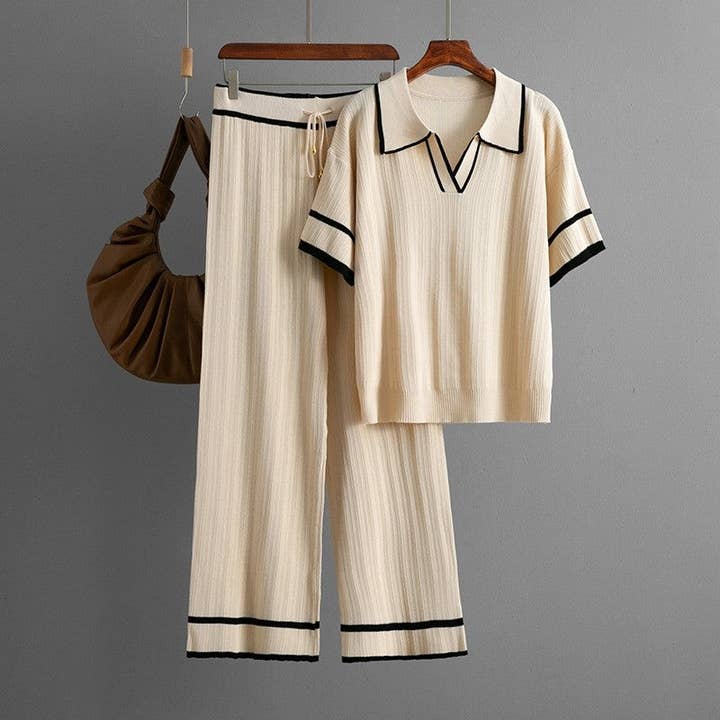 Avslappnad stickad polotröja med kort ärm och byxor med hög midja set för wholesale av Sheer Trend