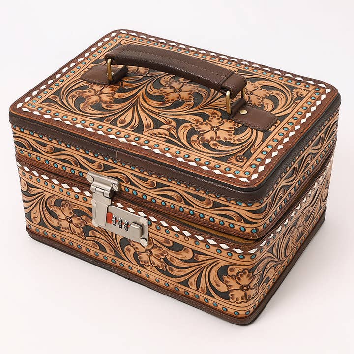 LS Western - Wholesale Jewelry Box/Organizer - ADBGA632 Tooled Leather Lockbox Case with Floral Carving, Turquoise Studs & Combo Lock4