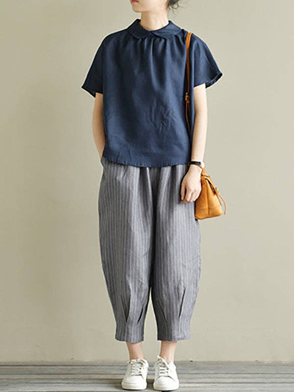 VividLux - Wholesale Blouse - Women's - Artistic Retro Short Sleeves Loose Pleated Solid Color Blouses&Shirts Tops9