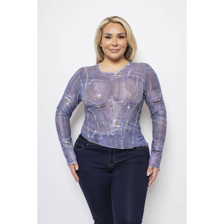 PLUS SIZE MESH DENIM PRINT RHINESTONE STUDDED LONG SLEEVE TO for wholesale by Curve Market