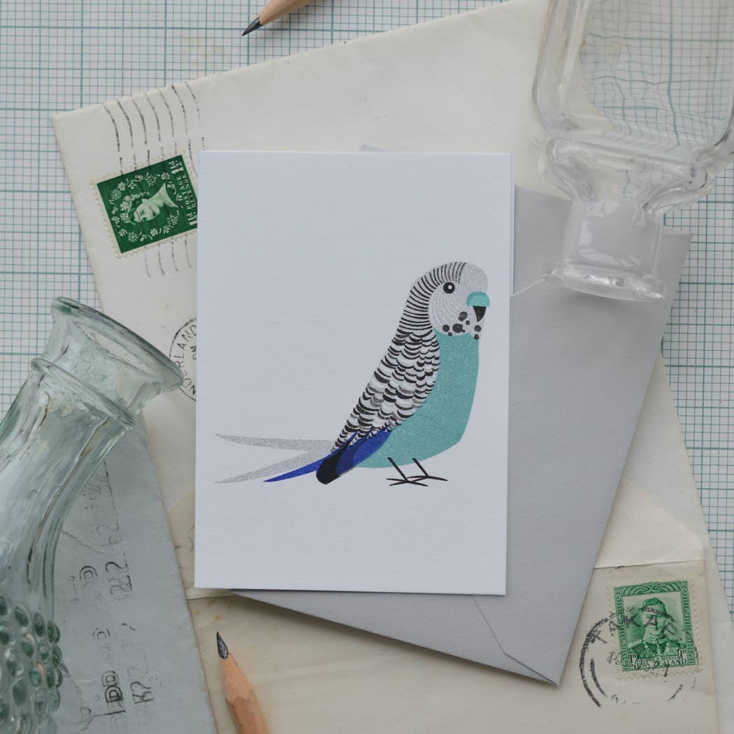 Bobbie Print - Wholesale Birthday Card - Quirky Funny Illustrated Blue Budgie Birthday Mini Card1