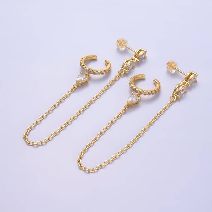 24K Gold Filled Clear Teardrop CZ Micro Paved Drop Stud Ear Cuff Earrings | AB1415 for wholesale by Aim Eternal