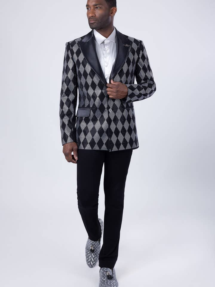 Nero Argento Blazer da uomo con strass con motivo a rombi nero argento 4EBL52 in vendita all'ingrosso su Faire