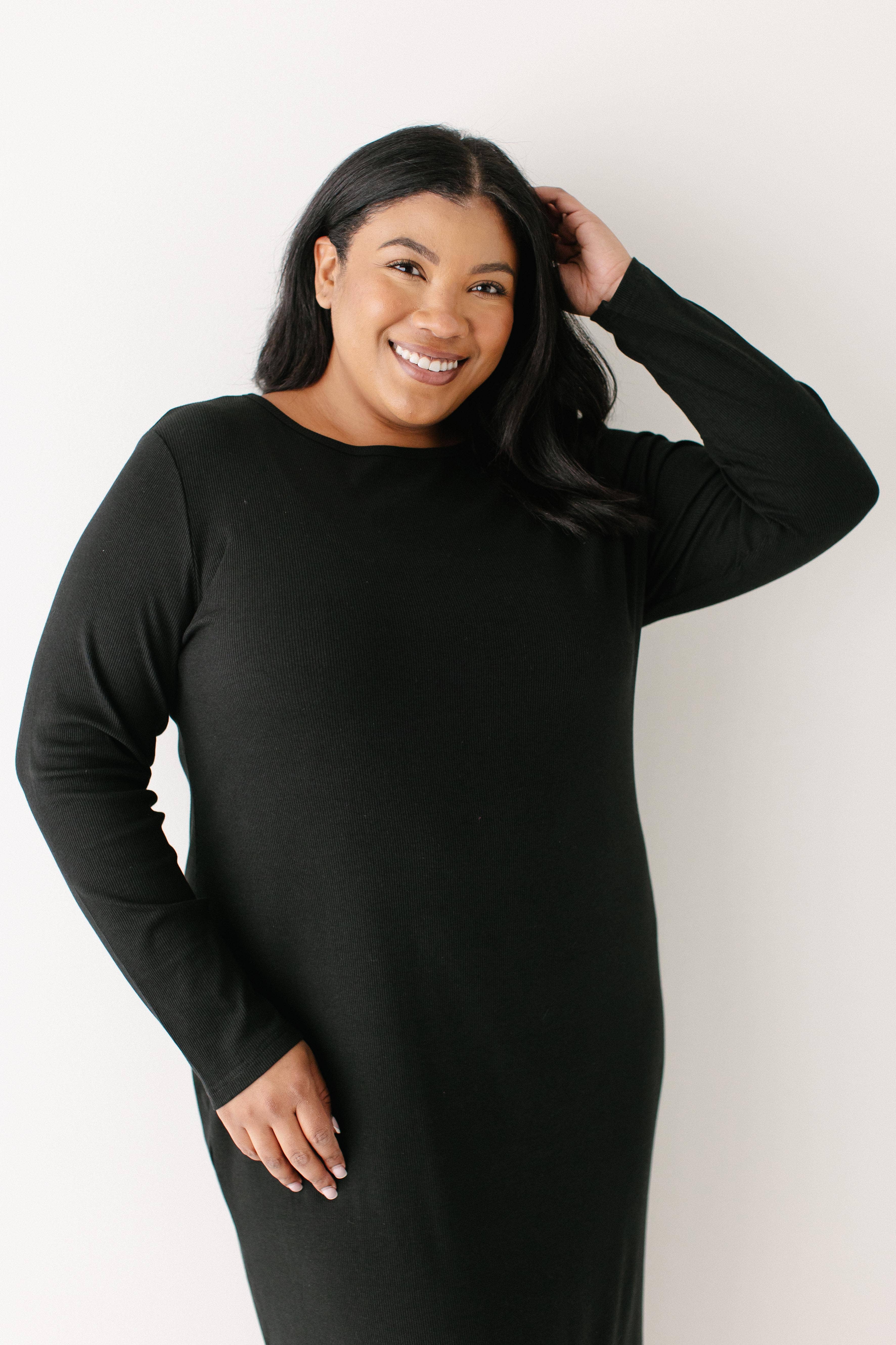 Black 'Constance' Bamboo Blend Ribbed Long Sleeve Midi Dress for wholesale on Faire5