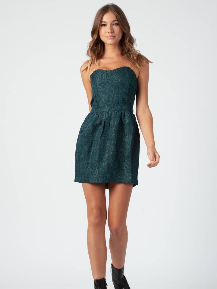 Lucca Couture - Wholesale Dress - Women's - Holiday Shiny Brocade Strapless Dress3