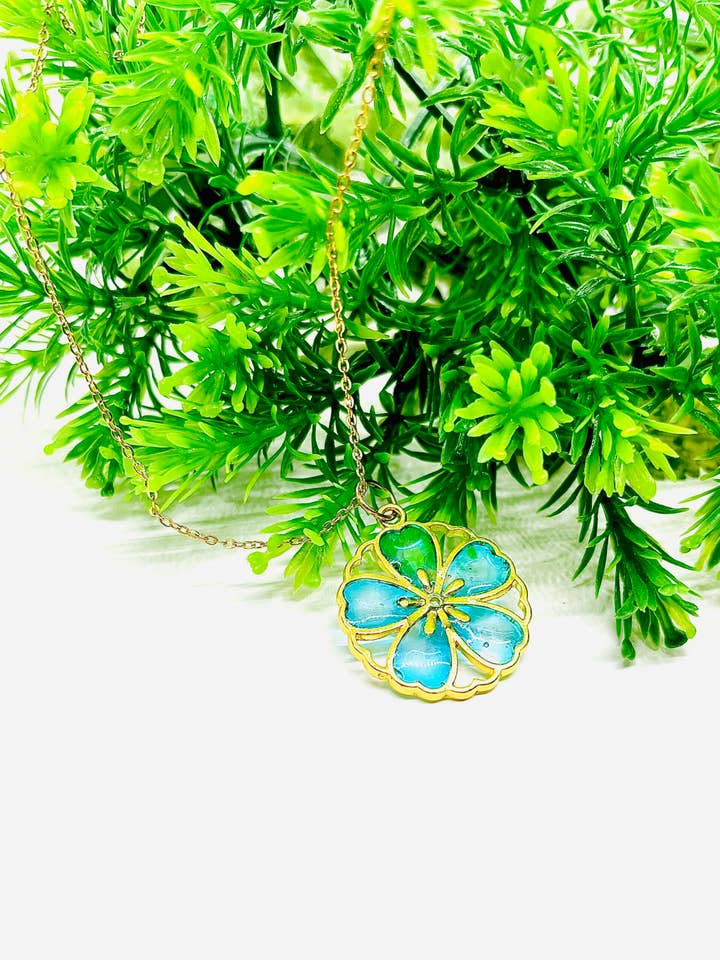 Aqua Blue Flower Necklace in Gold for wholesale by Lydia's Loops