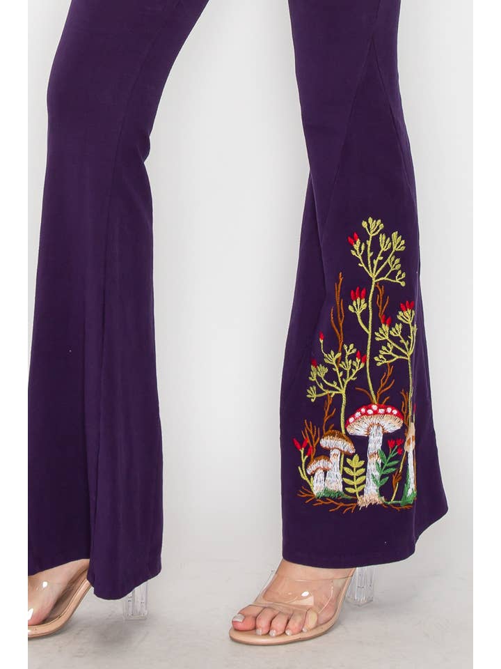 T-Party - Wholesale Pants - Women's - Mushroom Embroidery Foldover Waist Flare Leg Pants10