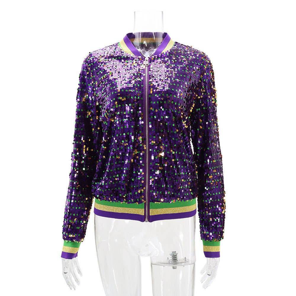 Purple Striped trim party sequins bomber jacket for wholesale on Faire0