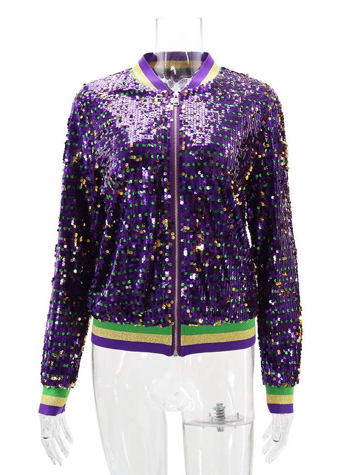 Purple Striped trim party sequins bomber jacket for wholesale on Faire