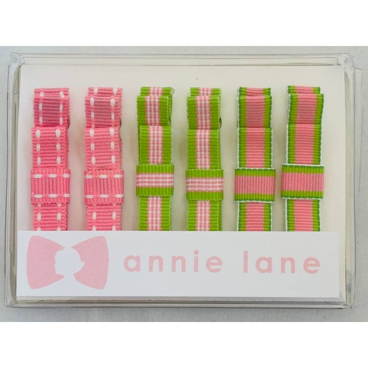 Box of 6 hair bows - pink/green pairs for wholesale by Annie Lane