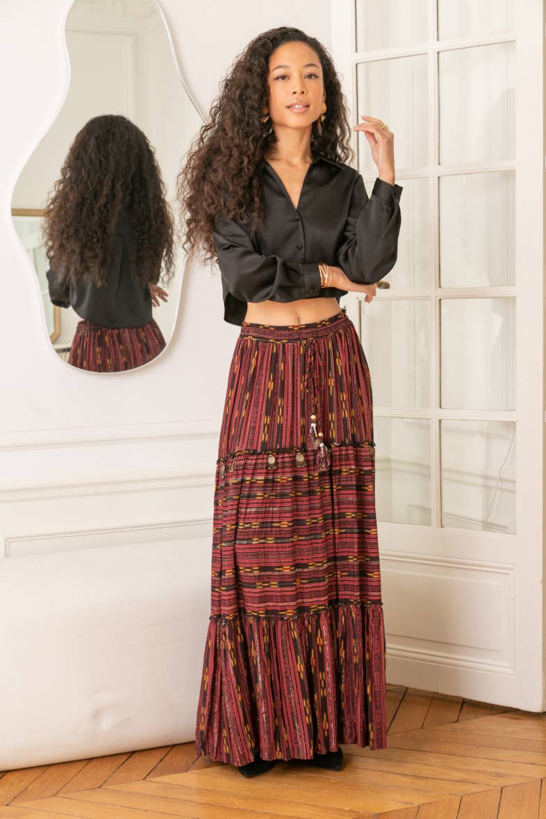 BURGUNDY Long skirt printed with LUREX, embroidered with sequins and serrab for wholesale on Faire