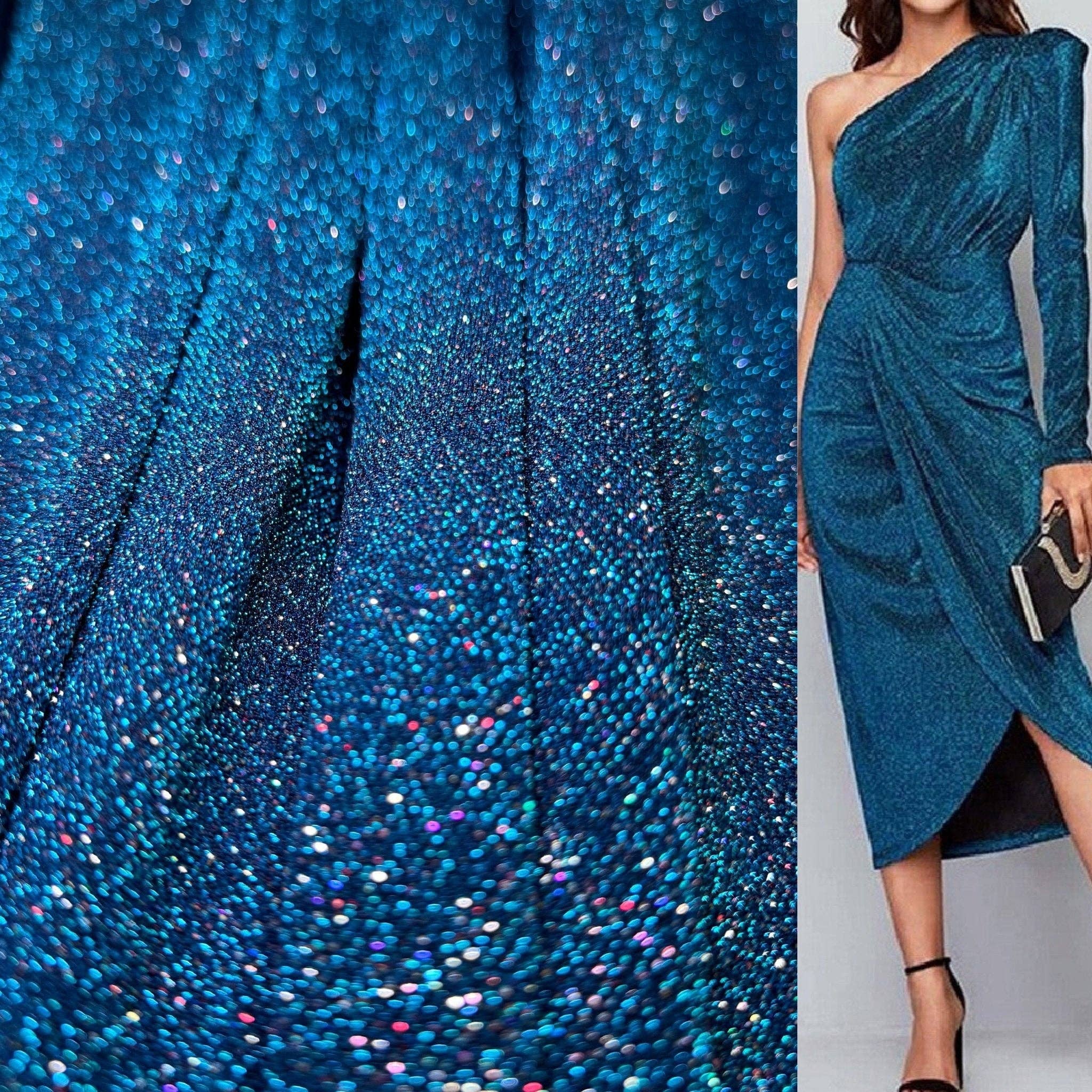 GalaTextile – wholesale Craft supplies – Turquoise 4 Way Stretch Lurex Fabric by The Yard Knit Spandex Shimmery Multi Color Blue Glitter Knit For Dressmaking Gown Backdrop Drapes1