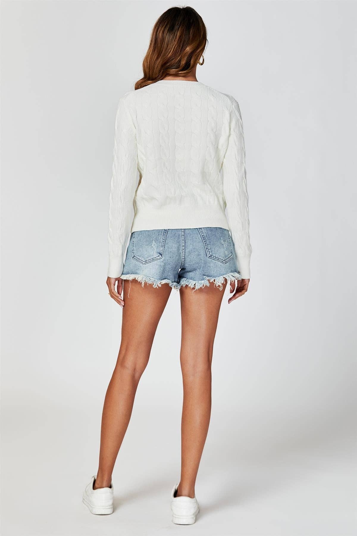 Cable-Knit Crewneck Cardigan In Cream for wholesale on Faire2