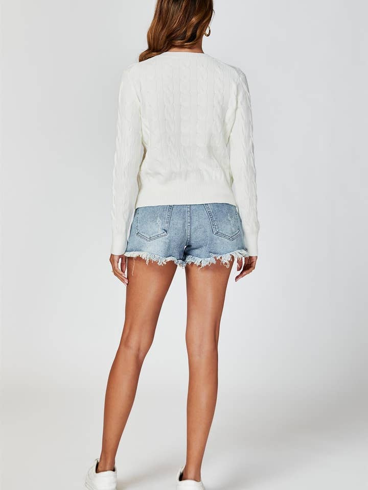 Cable-Knit Crewneck Cardigan In Cream for wholesale on Faire2