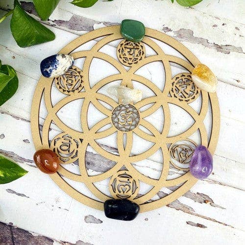 Rock Paradise - Wholesale Crystal Grid - Wood Crystal Grid - Seed of Life and 7 Chakras Design2
