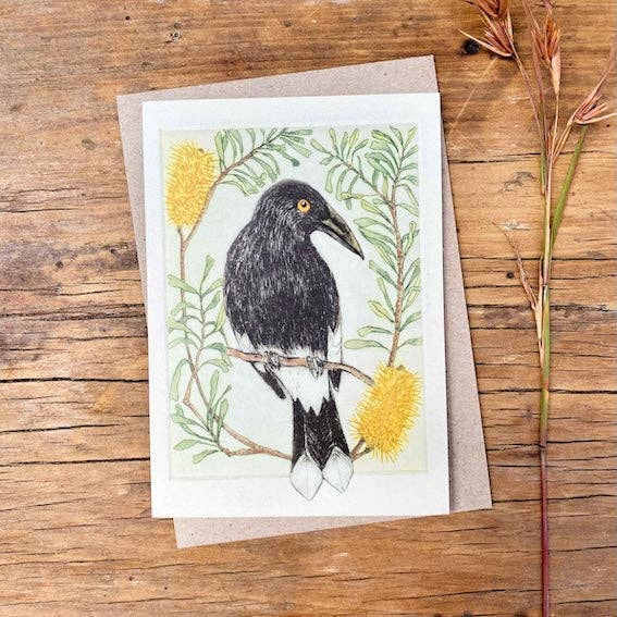 Greeting Card - Pied Currawong "I am a Magpie" Collection for wholesale by Bridget Farmer Printmaker