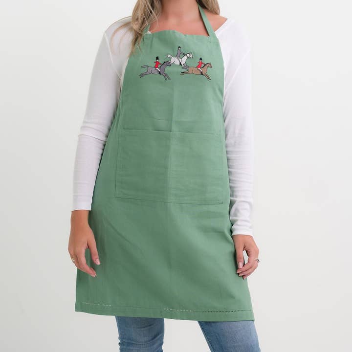 Embroidered Hunt Scene Green Apron for wholesale by Pomegranate Inc