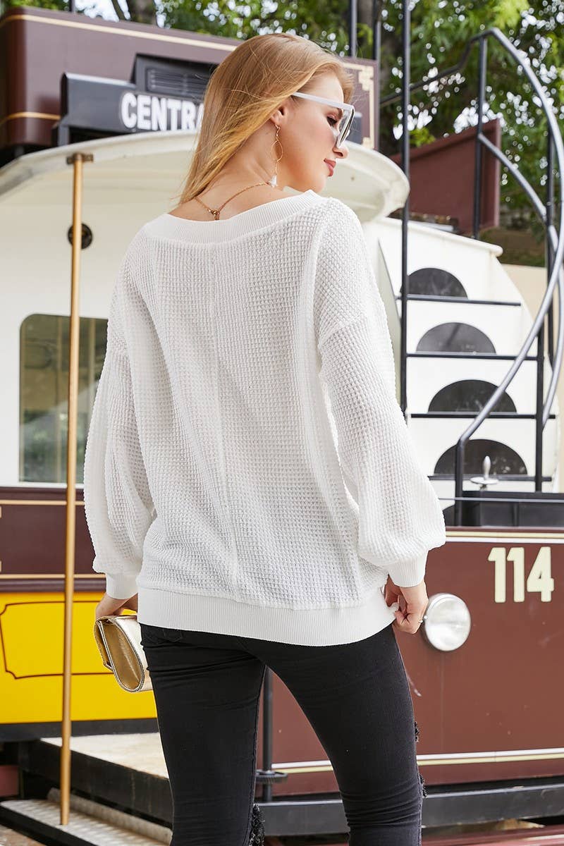 Lily Clothing - Wholesale Knit Top - Women's - PURE WHITE V NECK LONG SLEEVED SHIRT_CWTSTL7077