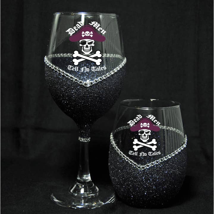 WineyBitches.Co - Wholesale Wine Glass - Dead Men Tell No Tales – Bling Glitter Glass Wine Glasses (Pirate Theme Collection)