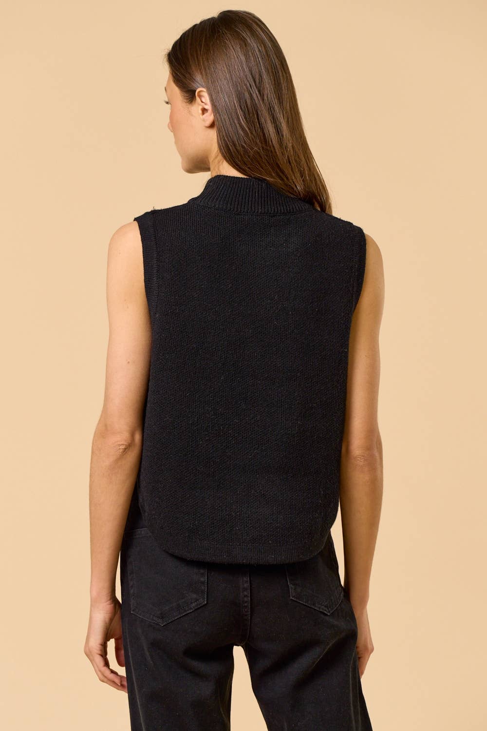 Black ILT5791 Mock Neck Sleeveless Sweater Top with Gold Button for wholesale on Faire3