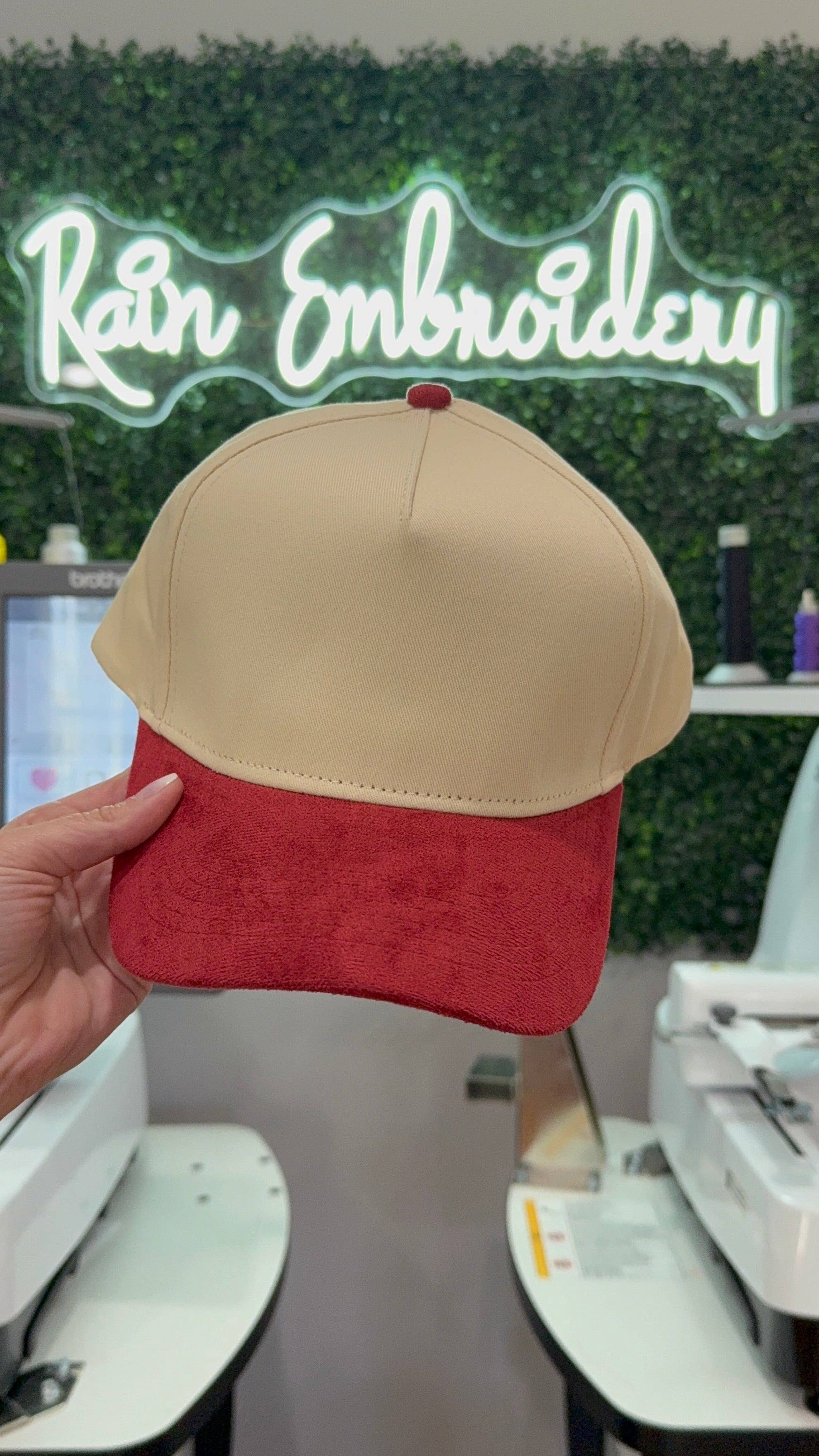 Rain Embroidery - Wholesale Trucker Hat - Unisex - Red Suede Trucker Hat (blank)2