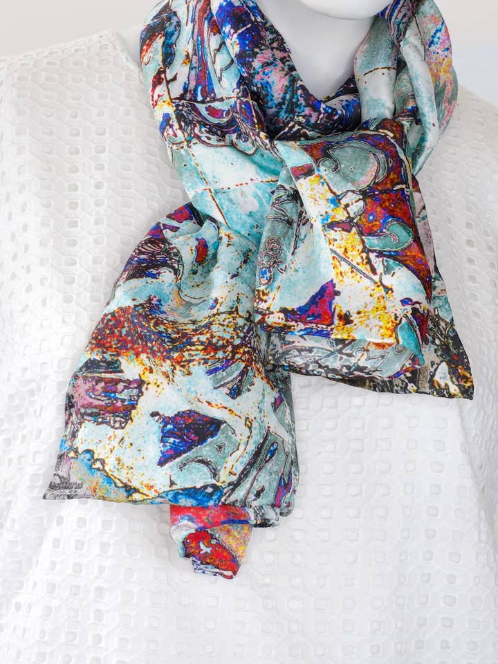 Bufanda de sarga de seda: «Azulejo» 150 cm x 50 cm para venta al por mayor de Bluyonda Silk Scarves