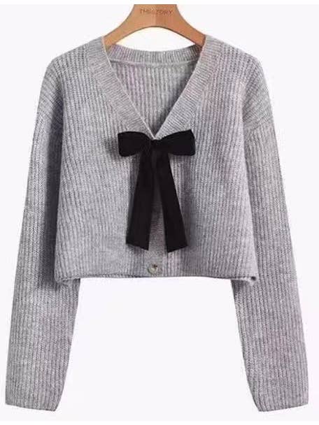Miss Sparkling - Wholesale Cardigan - Women's - Bow Tie V-Neck Cropped Cardigan