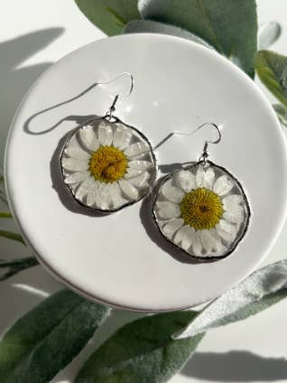 Pressed White Daisy Hoops for wholesale by Anchored Clay Designs