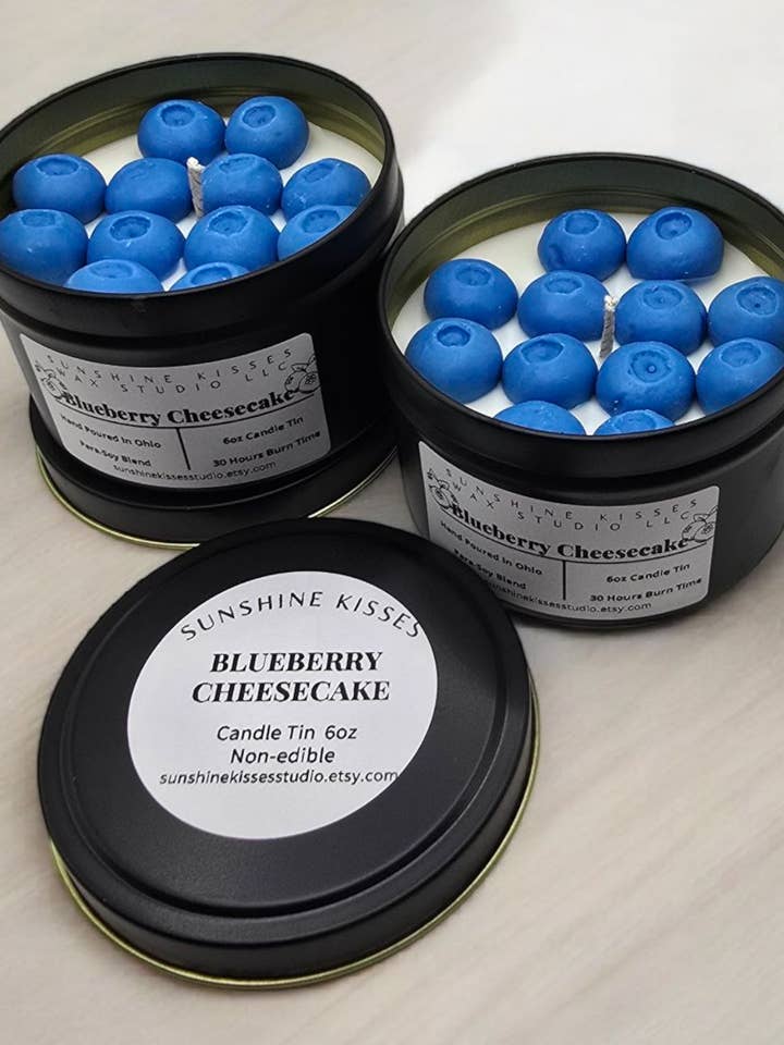 Blueberry Cheesecake 6oz Candle Tin for wholesale by Sunshine Kisses Wax Studio LLC