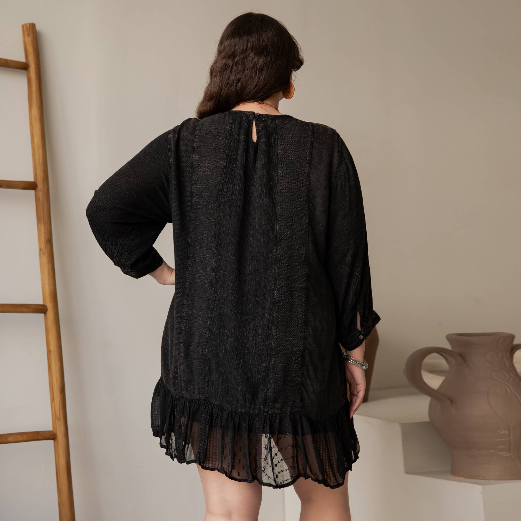 Charcoal Boho Embroidered Ruffle Hem Babydoll Dress ALSO IN PLUS for wholesale on Faire7