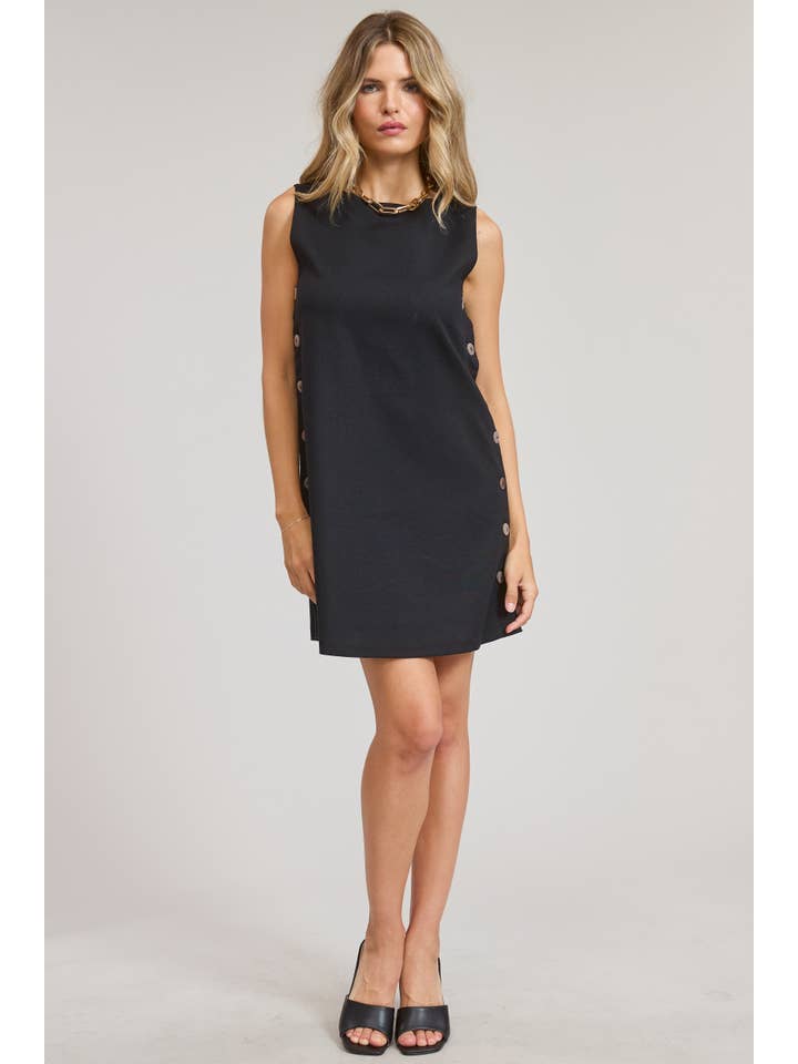 Mimosa - Wholesale Dress - Women's - Wooden Side Button Detail Sleeveless Linen Mini Dress