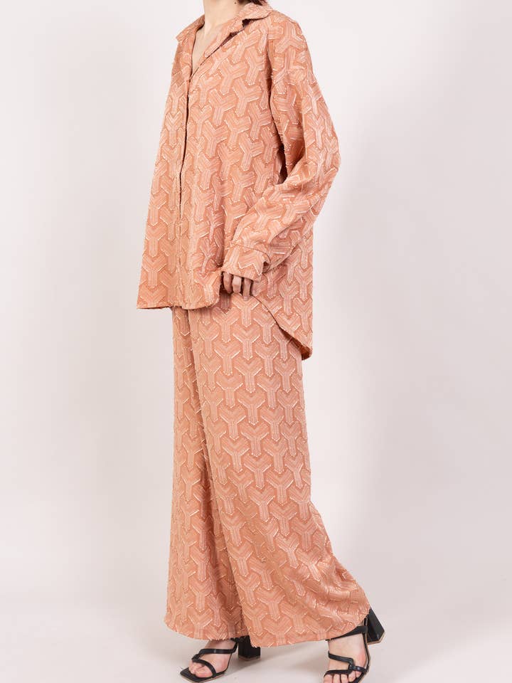 L'Emotion - Wholesale Top & Pant Set (NOT Loungewear) - Women's - Shiny Geometric Pattern Blouse and Pants Set5