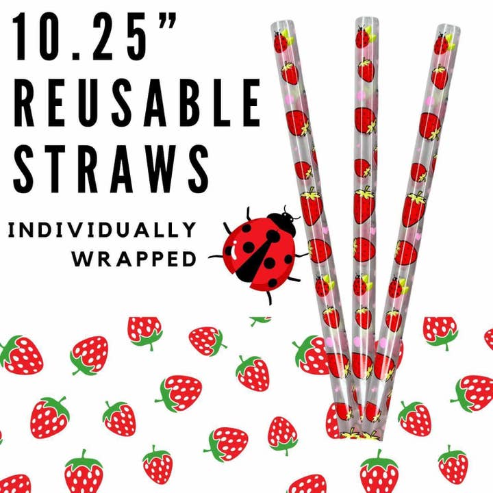 Sip Sleeves ~ Insulated Cup Sleeves and Drink Accessories - Wholesale Drinking Straw - Strawberry ~ 10.25" Printed Plastic Straws WRAPPED