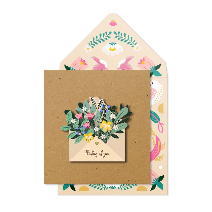 Thinking Of You, Floral Envelope, Handmade Greeting Card for wholesale by Tache