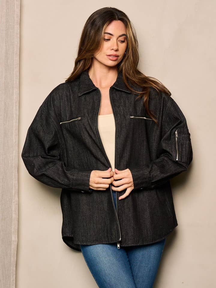 WOMEN'S LONG SLEEVE ZIP UP POCKETS DENIM JACKET-SJ8923 for wholesale by wholesale fashion trends