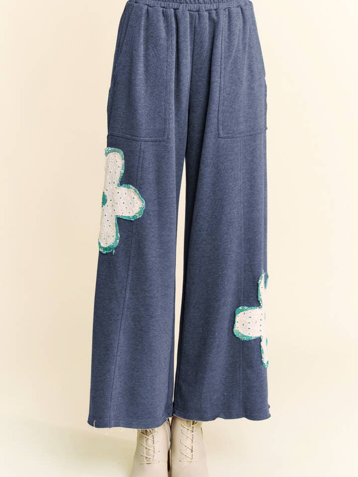 Davi & Dani - Wholesale Pants - Women's - FLORAL PATCH POCKETS ELASTIC TERRY EASY PANTS
