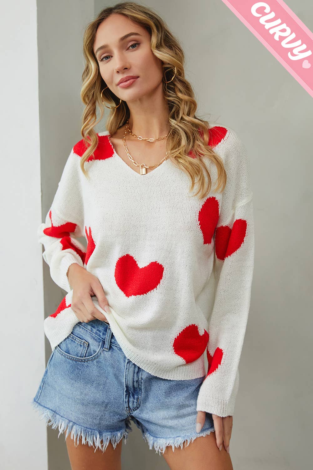 Sweet Lovely by Jen – Engroshandel Pullover - Dame – SW220PL MULTI HJERTE SWEATER PLUS STØRRELSE16