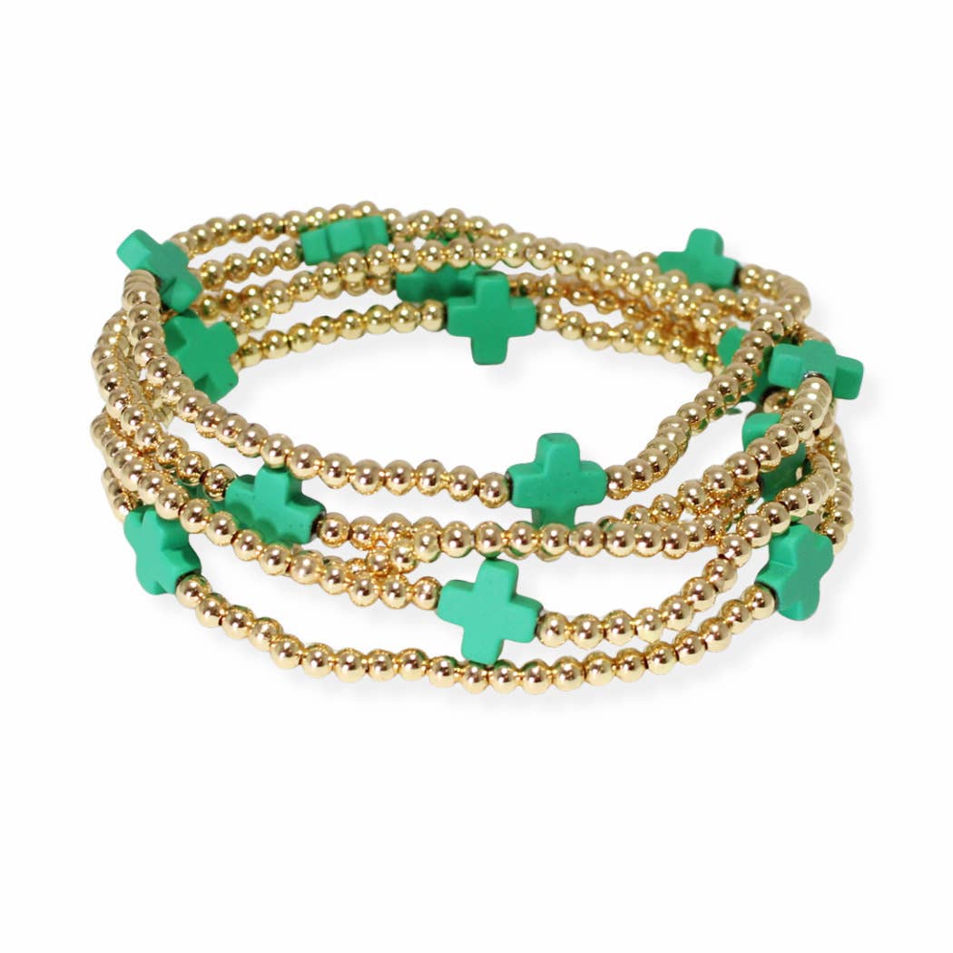 SOPHIA WHOLESALE - Wholesale Beaded Bracelet - Multi layered gold bead stretch bracelet with cross accent n10