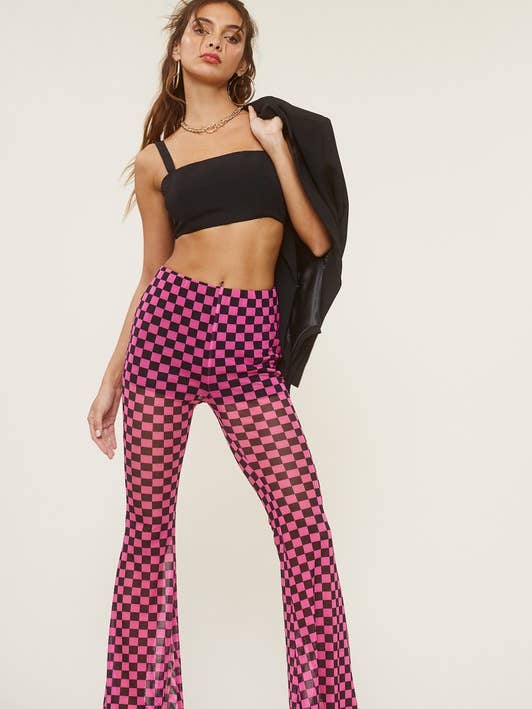 Pink High Waisted Mesh Checkered Print Flared Pants for wholesale on Faire0