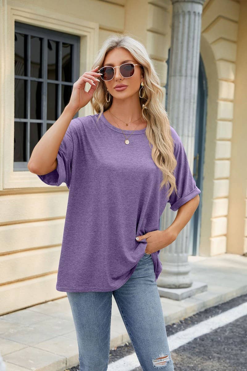 Lily Clothing - Wholesale T-Shirt - Women's - ROUND NECK SOLID COLOR SHORT SLEEVE LOOSE T SHIRT_CWTSTS028024