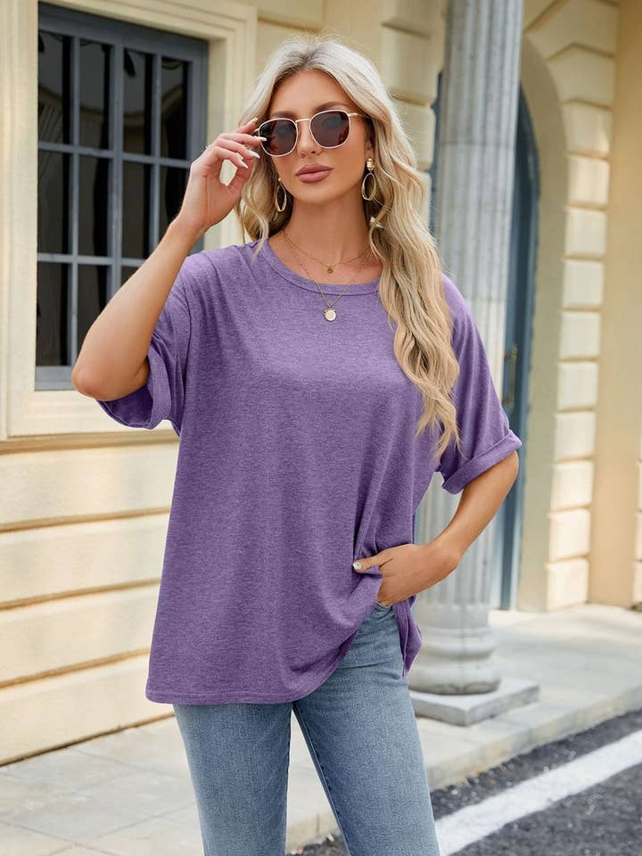 Lily Clothing - Wholesale T-Shirt - Women's - ROUND NECK SOLID COLOR SHORT SLEEVE LOOSE T SHIRT_CWTSTS028024