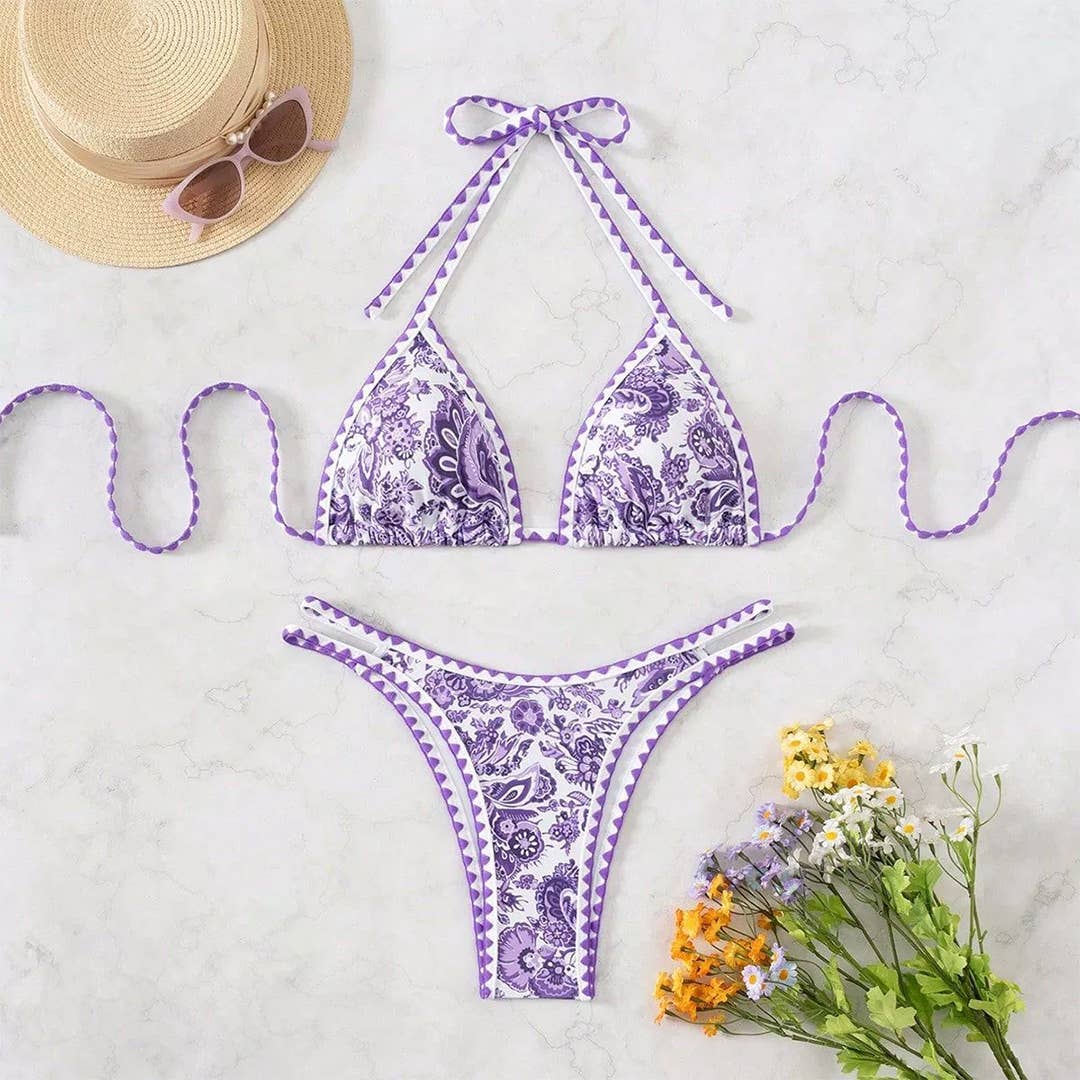 UNISHE - Wholesale Two Piece Swimsuit - Women's - Printed Halter Neck Sexy Bikini Swimsuit Set ZK30723