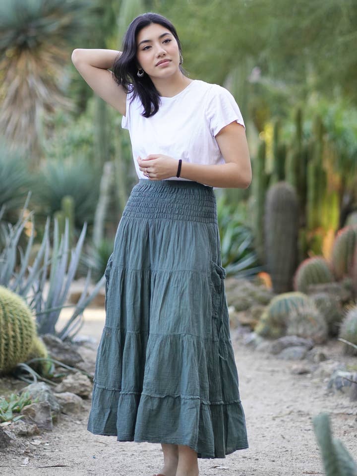 Falda Maxi de Gasa de Algodón Doble OS Verde para venta al por mayor de Dolma