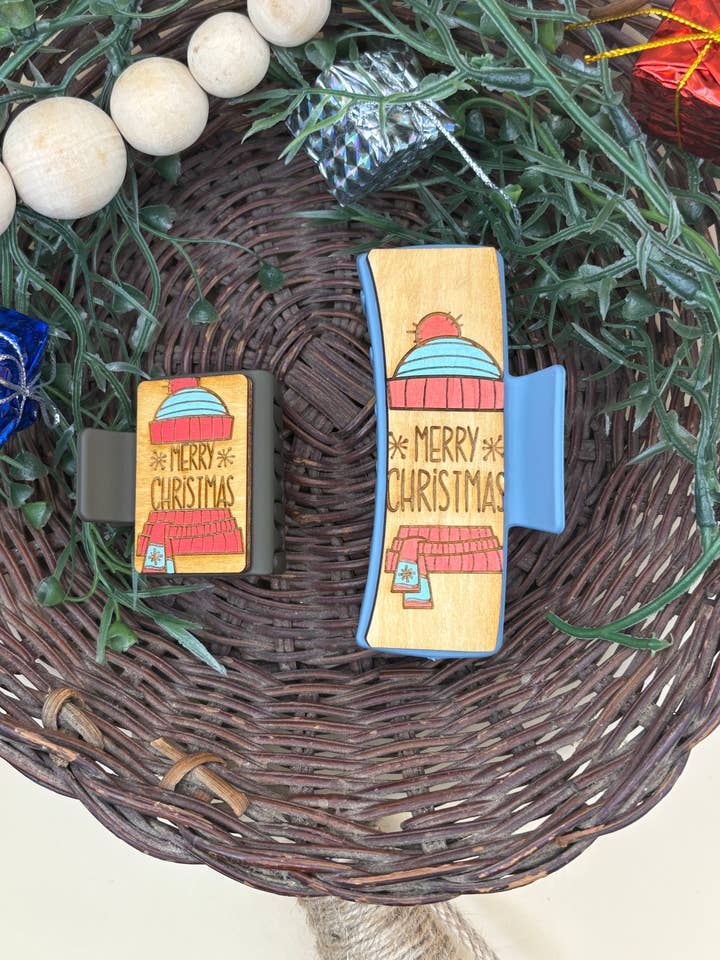 Toboggan & Scarf Merry Christmas Hair/Claw Clip for wholesale by PepperJack Designs