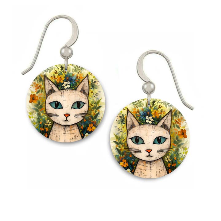 Roku - 3/4" Disc Kitty W/Flowers Earring EC256 for wholesale by ARTISTA