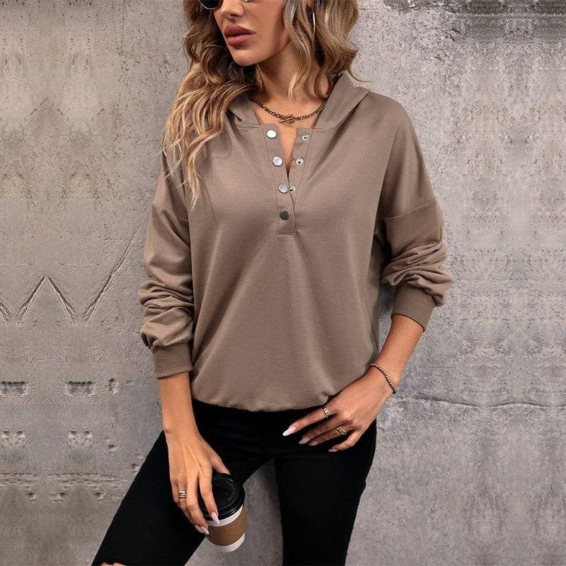 COFFEE Casual Solid Color Long Sleeve Button Hooded Sweatshirt for wholesale on Faire0