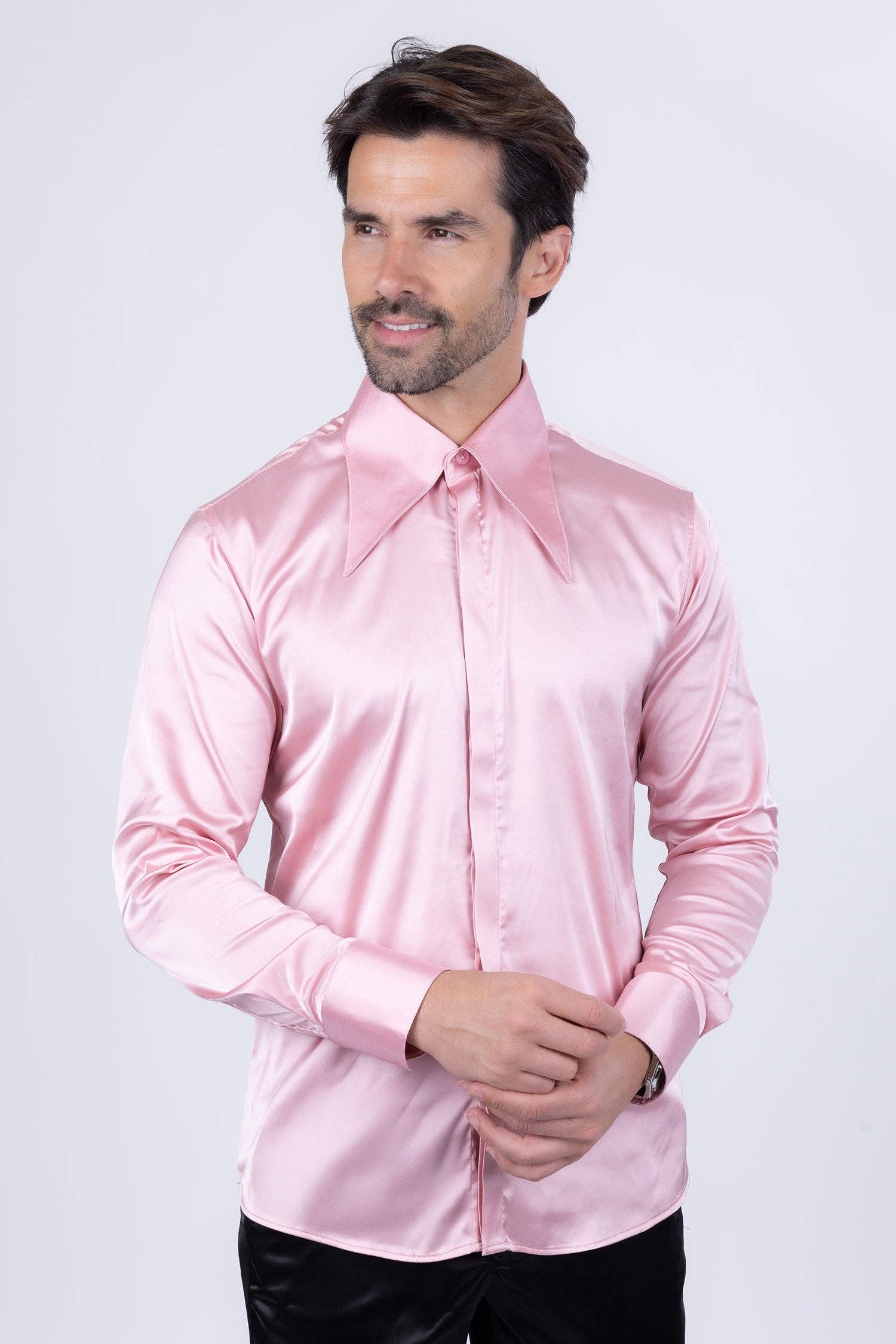 BARABAS - Wholesale Button Down Shirt - Men's - Men's Spear Point Shiny Long Sleeve Shirt 4B10228