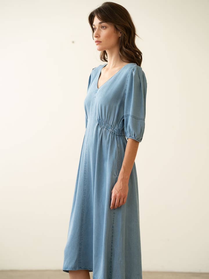 CHAMBRAY V-NECKLINE PUFF-SLEEVE LONG DRESS for wholesale by ELLE GREY