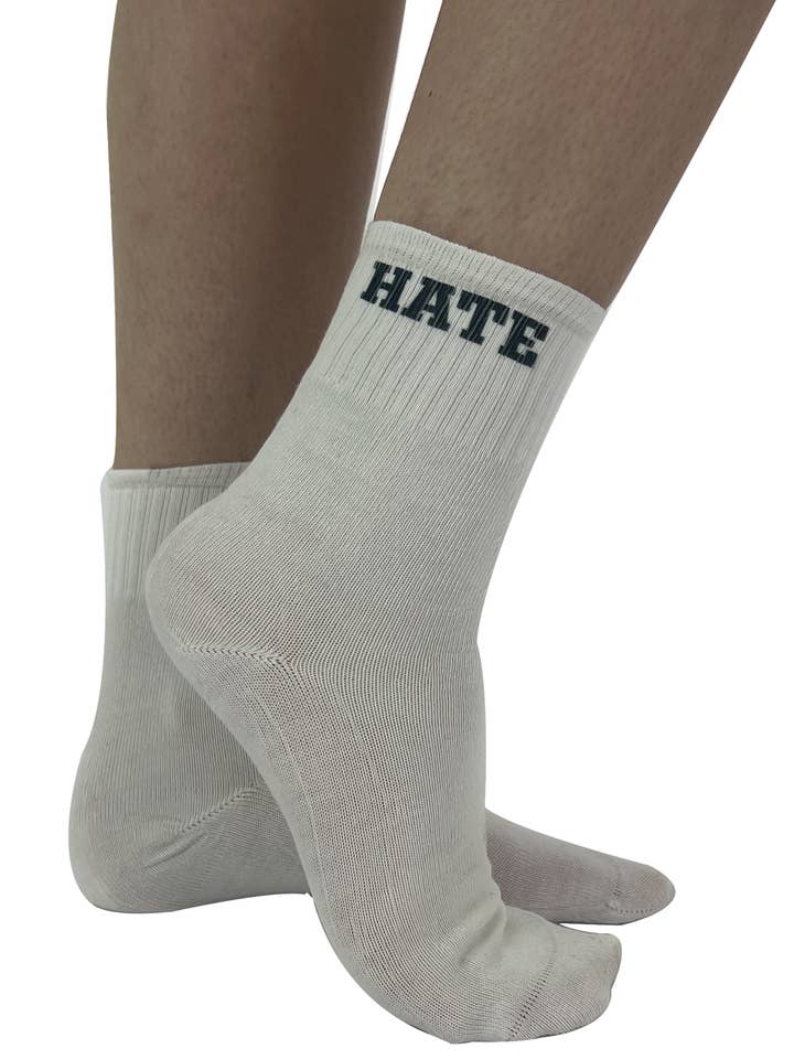 Love Hate Printed Crew Socks White/Black for wholesale by Pamela Mann